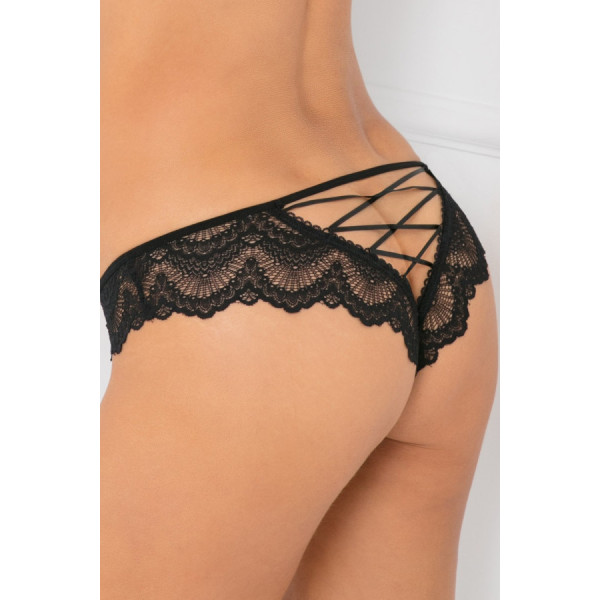 Tanga noir dentelle ajouré sur les fesses ornements croisés 